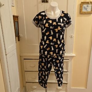 Pillow Talk Cat Motif Jersey Knit Pajamas Sz M